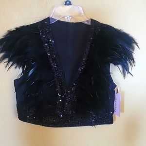 Black sequins crop v-neck feather detail